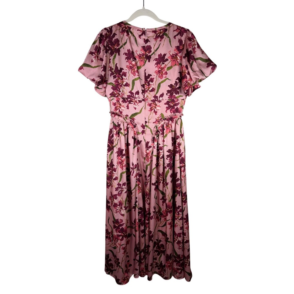 Cinq a Sept Pink Floral Orchid Midi Dress V-Neck Flutter Sleeve Womens Size 8 - Picture 3 of 12